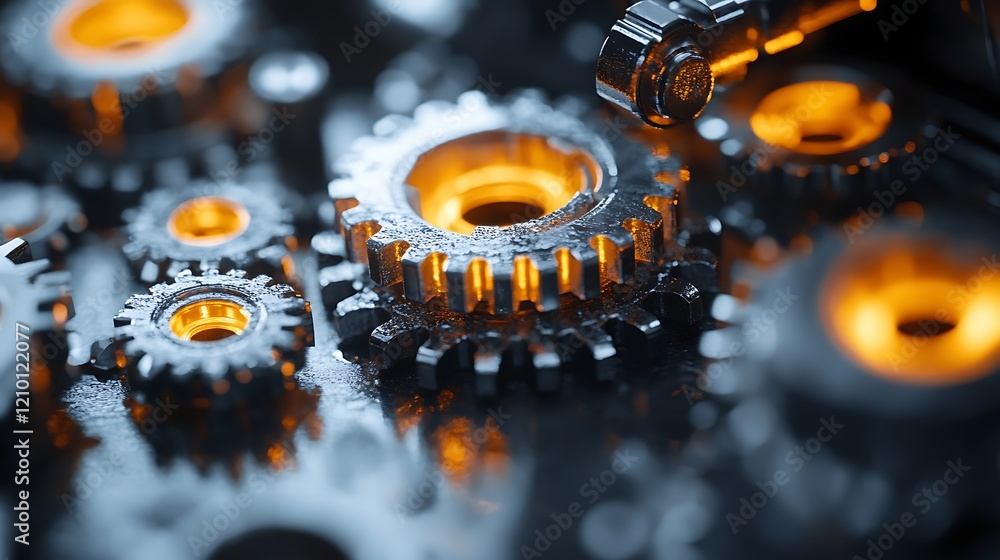 Poster interlocking gears: a mesmerizing close-up shot of a complex, metallic gear system, with cogs interl