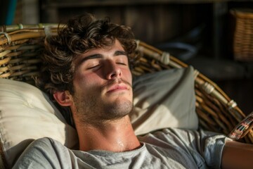 Fototapeta premium Young man relaxing and sleeping in wicker chair during hot summer day