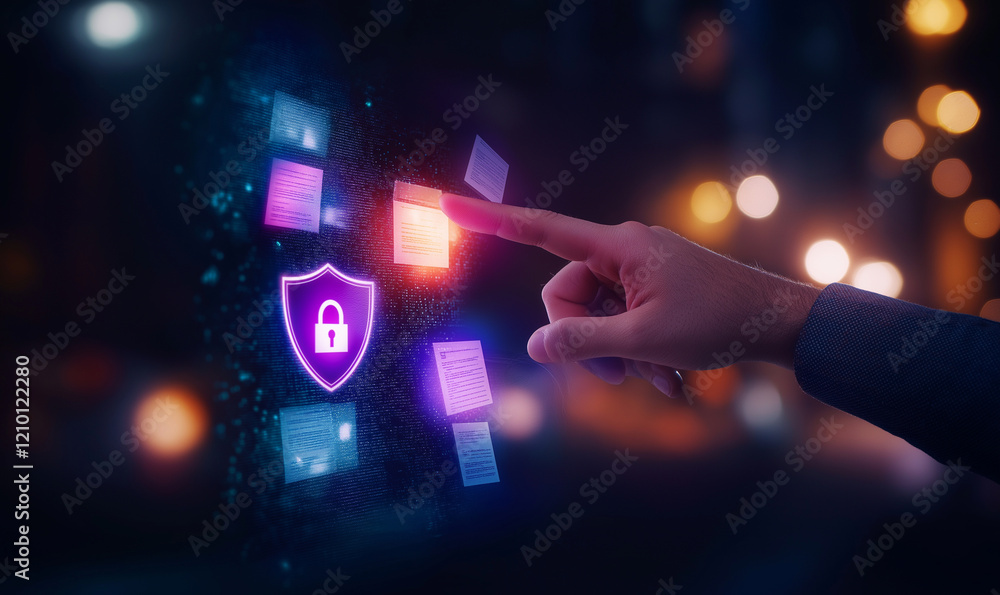 Poster businessman is interacting with virtual screen displaying security documents and lock symbol, emphas