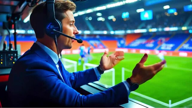 Intense Sports Commentary with Animated Gestures and Live Actio