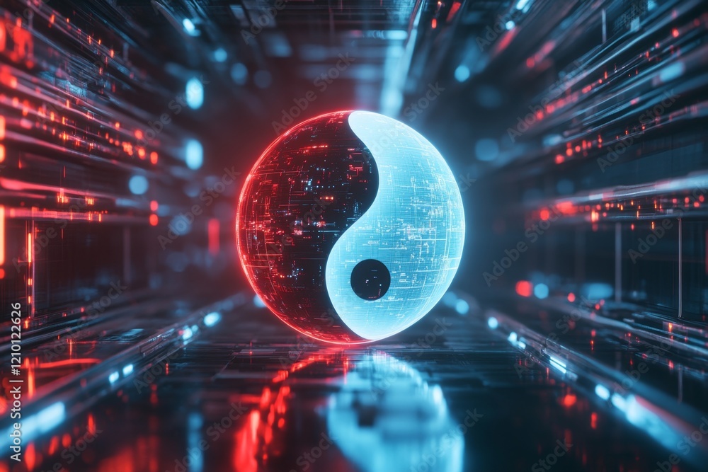 Poster a futuristic glowing yin yang symbol with neon blue and red hues, floating in a high-tech digital gr