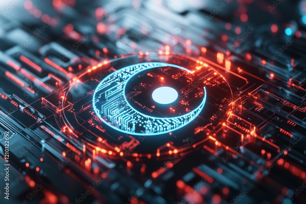 Poster a futuristic glowing yin yang symbol with neon blue and red hues, floating in a high-tech digital gr