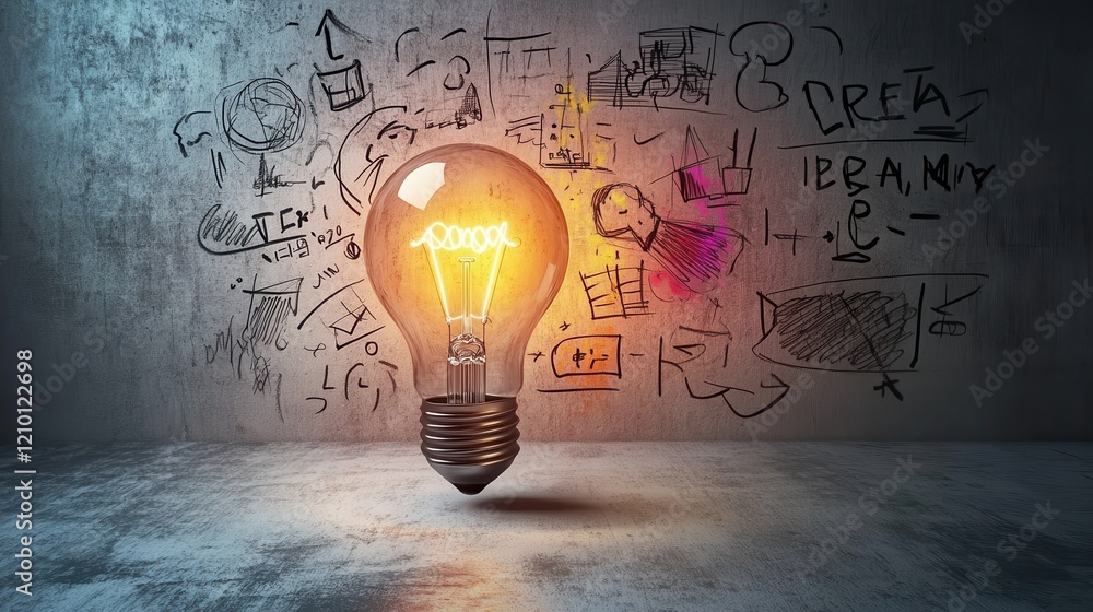 Aufkleber glowing light bulb illuminating creative sketches on textured background in a conceptual artistic sp