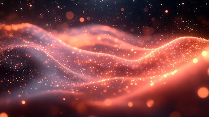 Amber Waves of Light: Abstract motion graphic of shimmering, fiery orange and red particles forming elegant waves, set against a dark backdrop. Evokes feelings of energy, warmth, and ethereal beauty.