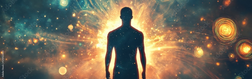 Poster man glowing with cosmic energy in an ethereal environment during a starry night