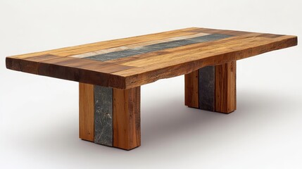 Fototapeta premium Reclaimed wood dining table with natural stone tile accents in a modern design, showcasing rich brown and gray colors, front view.