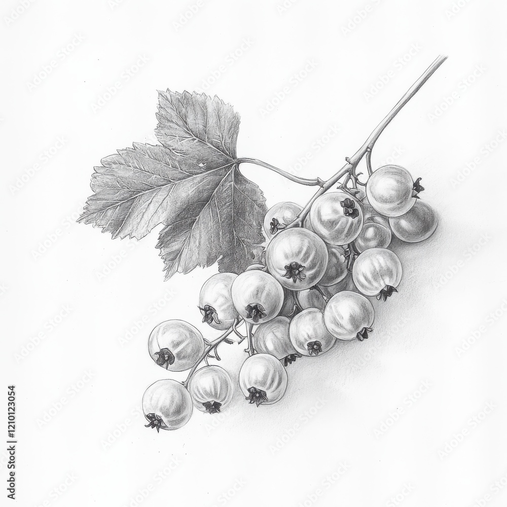 Poster cluster of currants with detailed stems and leaves rendered in pencil sketch