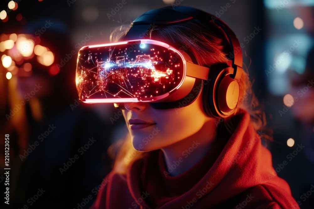 Poster a futuristic scene of youth gathering in a virtual reality lounge, with glowing vr headsets and holo