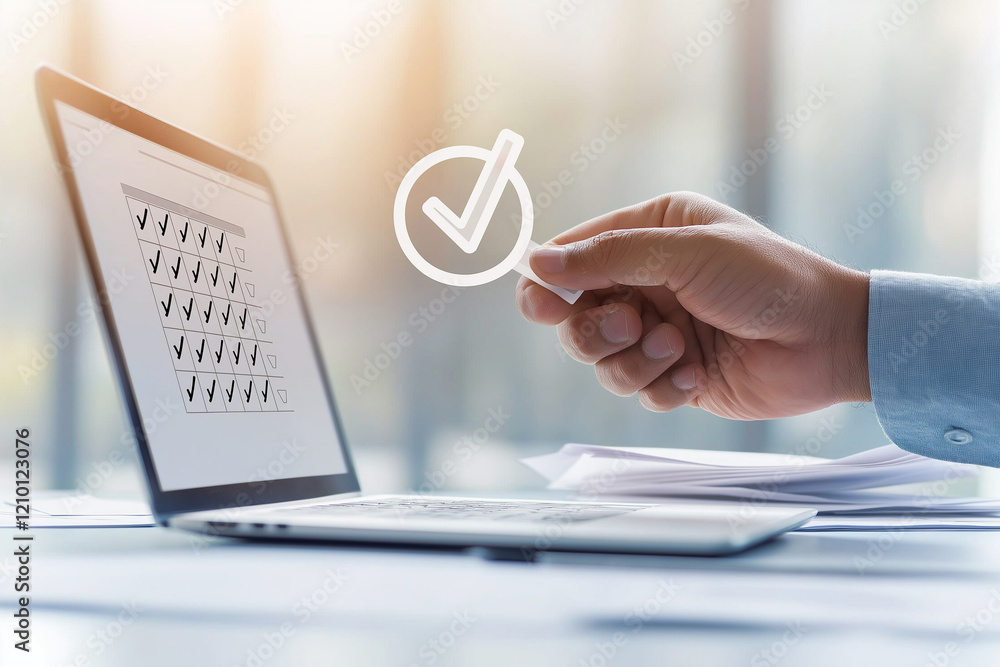 Poster man hand is holding checkmark icon above laptop displaying checklist. scene conveys sense of accompl