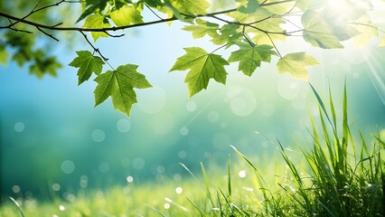 Obraz premium Summer Background with Green to Blue Gradient, Light Spots Suggest Sunlight Through Leaves