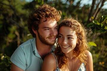 Fototapeta premium Young couple spending quality time together in nature, smiling and enjoying each other's company