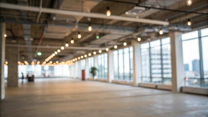 Fototapeta premium Blurred empty open space office. Abstract light bokeh at office interior background