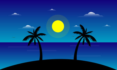 Summer Landscape Sun in the Afternoon on the Sea and Palm Tree Silhouette