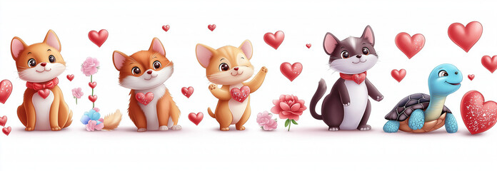 Cute animals including cats, dogs, and turtle with hearts and flowers, expressing joy and love. Perfect for children illustrations or greeting cards