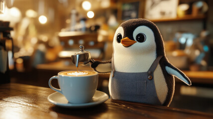 Penguin barista making coffee, humorous and charming concept
