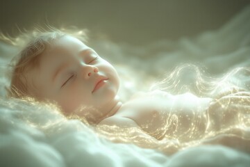 Serene baby sleeping amidst soft lights and textures.
