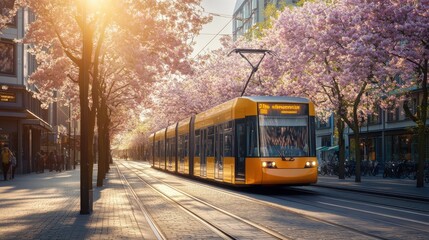 Fototapeta premium Yellow tram travels along a city street lined with cherry blossom trees during a sunny day