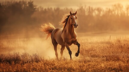 Obraz premium Majestic Golden Horse Galloping with Determination in Dusty Sunrise Landscape Surrounded by Autumn Trees and Soft Morning Light