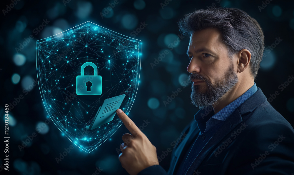 Poster businessman interacting with virtual shield symbolizing security and data protection. image conveys 