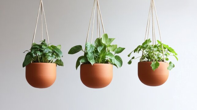 Hanging terracotta planters with leafy indoor plants for modern home decor and greenery enhancement - Powered by Adobe