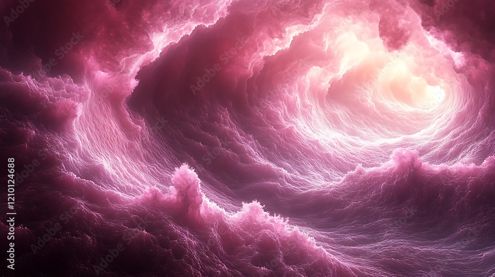 Poster pink celestial vortex: a mesmerizing digital rendering of a swirling vortex of pink clouds, illumina