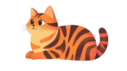 Fototapeta premium Playful Tabby Cat with Rich Brown Stripes and Vibrant Orange Fur Relaxing on a Clean White Background in a Whimsical Illustrative Style
