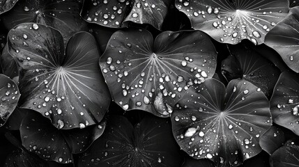 Raindrops on Taro Leaves in Black and White Photography for Nature and Gardening Themes