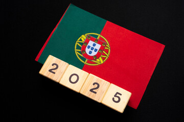 2025, Portugal flag with date block, Concept, Important events for Portugal the new year, election, economy, social activities, central bank, Portugal foreign policy