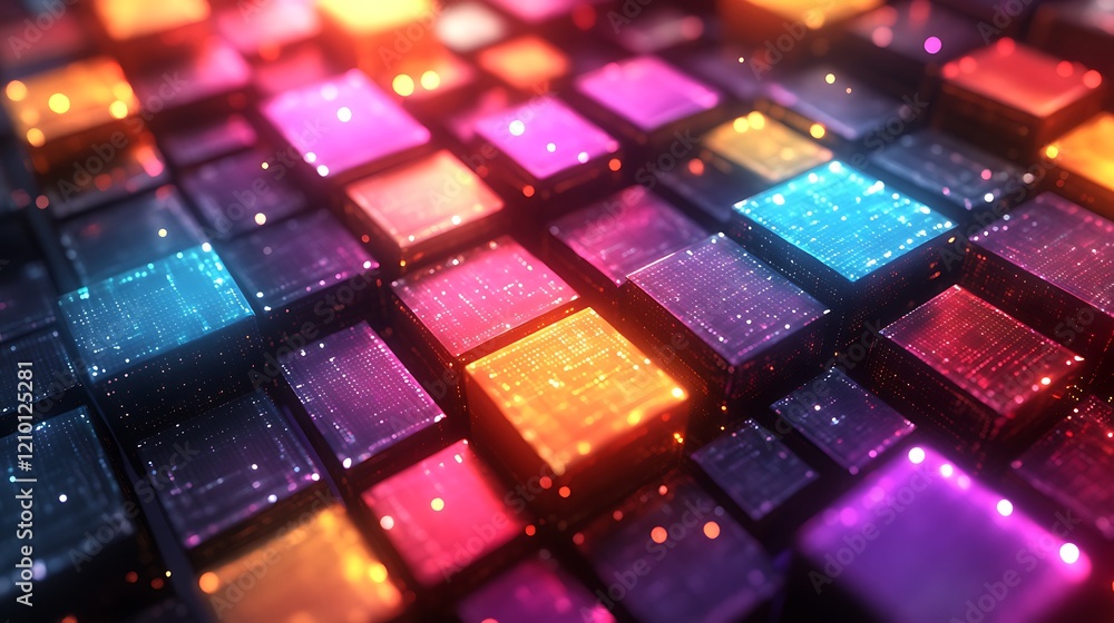 Poster neon cubes abstract: vibrant, glowing cubes in a mesmerizing array of neon colors create a dynamic a