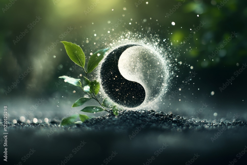 Poster A glowing yin yang symbol floating in the air, surrounded by a soft aura of light in a tranquil forest setting