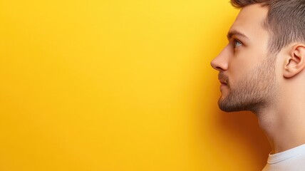 Fototapeta premium Side view of European male against yellow background