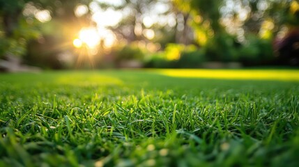 Naklejka premium Dynamic sustainable landscape management showcasing lush green grass illuminated by golden sunlight in a serene outdoor environment