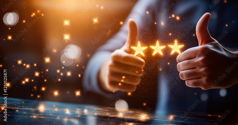 Poster three stars and thumbs up gesture representing positive feedback and satisfaction. glowing stars and
