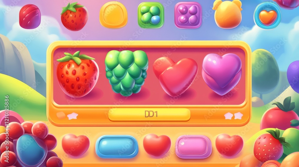 Poster match 3 candy game ui interface background. vector jelly puzzle mobile app design. set of food icon 