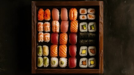 Sushi Platter Displayed on Rustic Wooden Tray with Assorted Rolls and Ingredients