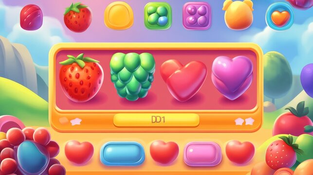 Match 3 candy game ui interface background. Vector jelly puzzle mobile app design. Set of food icon on screen with score field. Cartoon gameplay assets with bonus and booster button.
