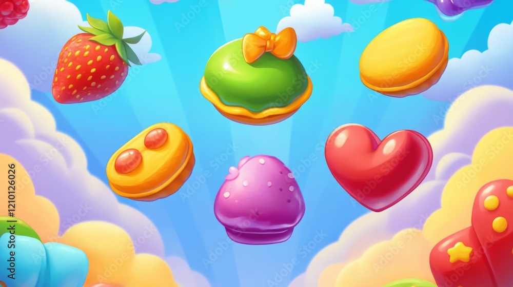Poster match 3 candy game ui interface background. vector jelly puzzle mobile app design. set of food icon 