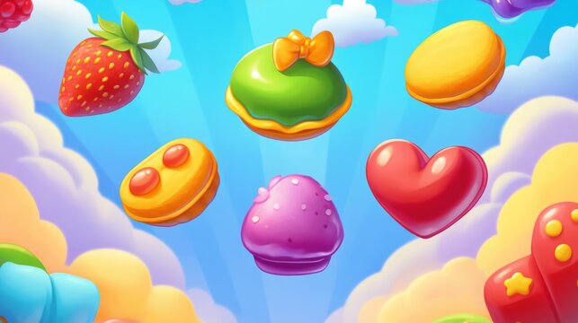 Match 3 candy game ui interface background. Vector jelly puzzle mobile app design. Set of food icon on screen with score field. Cartoon gameplay assets with bonus and booster button.