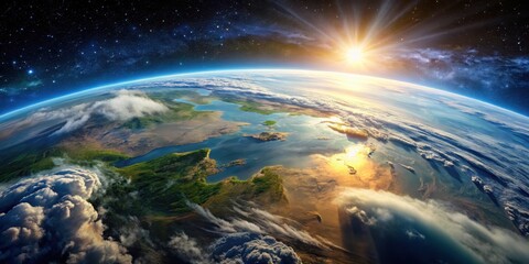 Obraz premium Earth blue planet surface from space with mountains and oceans seen from lunar orbit, atmospheric gases, clouds and sun light effects , natural beauty, moon view