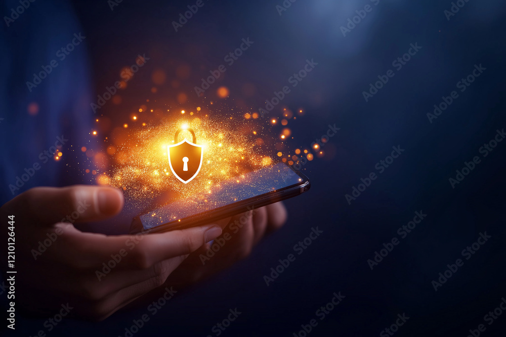 Poster businessman holds smartphone displaying glowing shield symbolizing cybersecurity and data protection