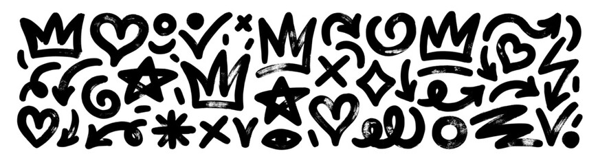 Charcoal graffiti doodle punk and girly shapes vector collection. Bold brush drawn crowns, hearts, squiggles and various doodle elements for templates and collages. Punk and grunge style shapes.