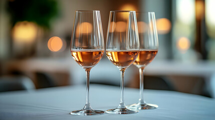 Fototapeta premium Three glasses of delicate ros? wine on a table in an elegant restaurant setting