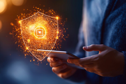 person holding smartphone with glowing digital security shield overlay, symbolizing protection and technology. image conveys sense of safety in digital world