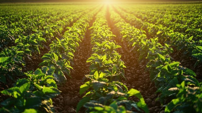 A field of mint plants in bright sunlight.