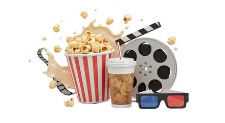 Movie Night Popcorn Drink Film Reel and 3D Glasses PNG Transparent Background