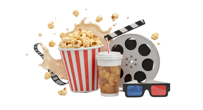 Movie Night Popcorn Drink Film Reel and 3D Glasses PNG Transparent Background