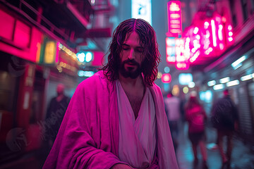  Jesus Christ walking through modern city streets, with a glowing aura, surrounded by urban life, symbolizing spiritual support in a technological world.