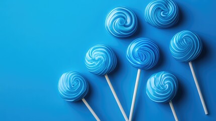 Swirled blue lollipops arranged artistically on a vibrant blue background showcasing playful shades of blue and enticing candy textures.