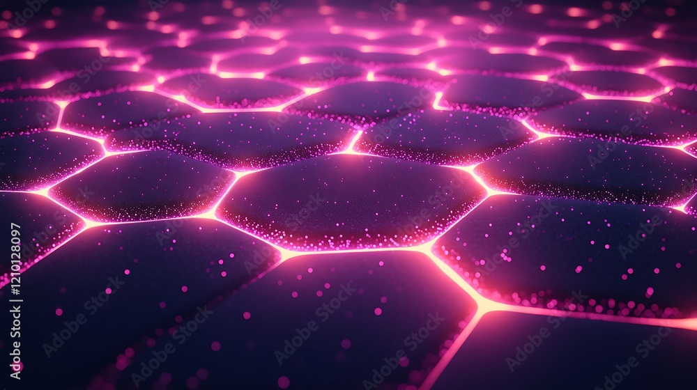 Poster pink hexagon network: abstract digital art featuring a vibrant network of glowing pink hexagons, cre