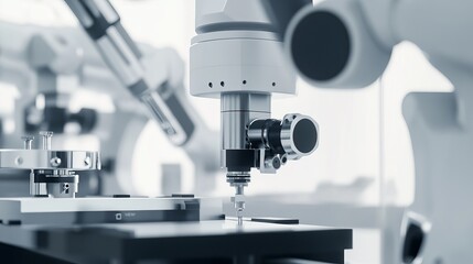 Fototapeta premium A robotic system performing detailed assembly of high-precision optics in a clean, high-tech optics lab, modern and precise environment with a focus on optical technology